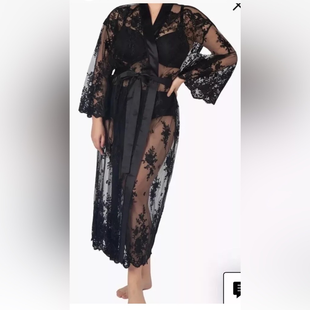NWT Rya Collection Darling Lace Robe Wrap Long Satin Tie Womens Plus Sz 1X Black